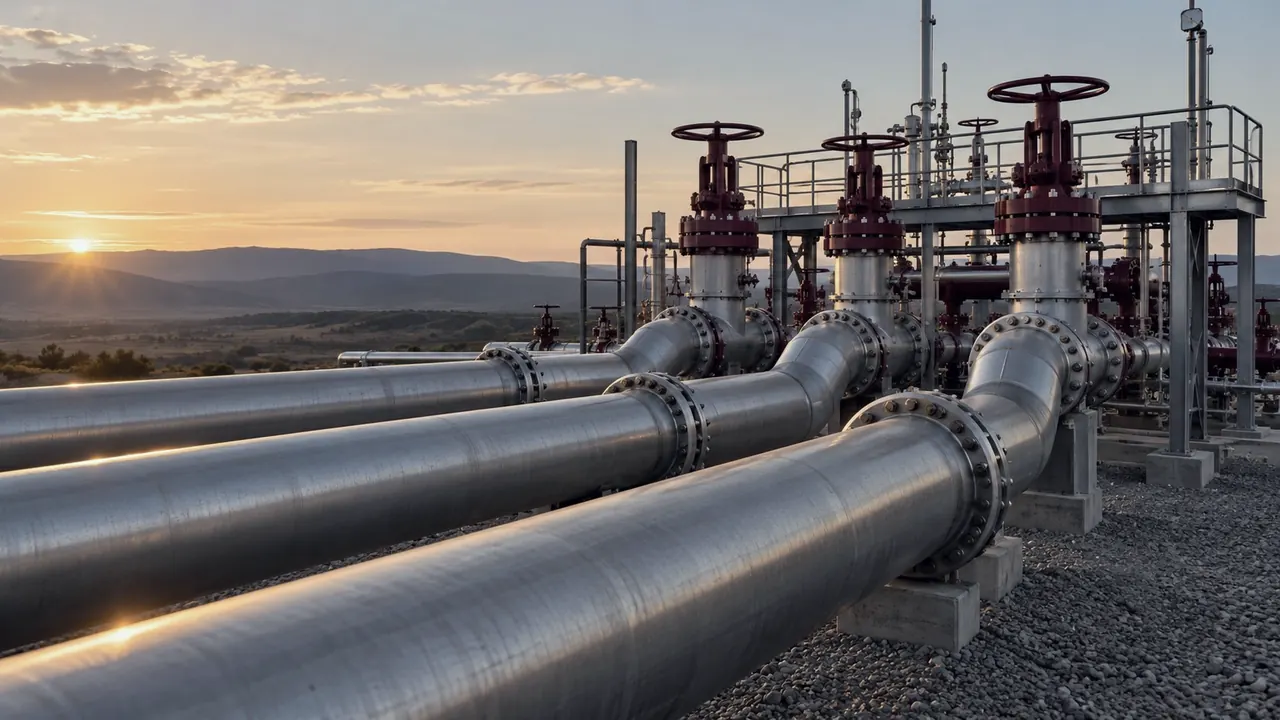 Transfer pipelines converging at a valve manifold at sunrise