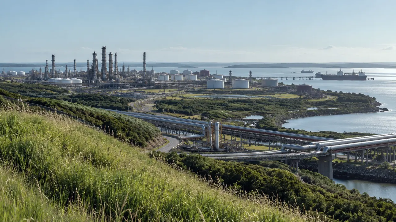 A coastal refinery and tank farm seen from a grassy hillside