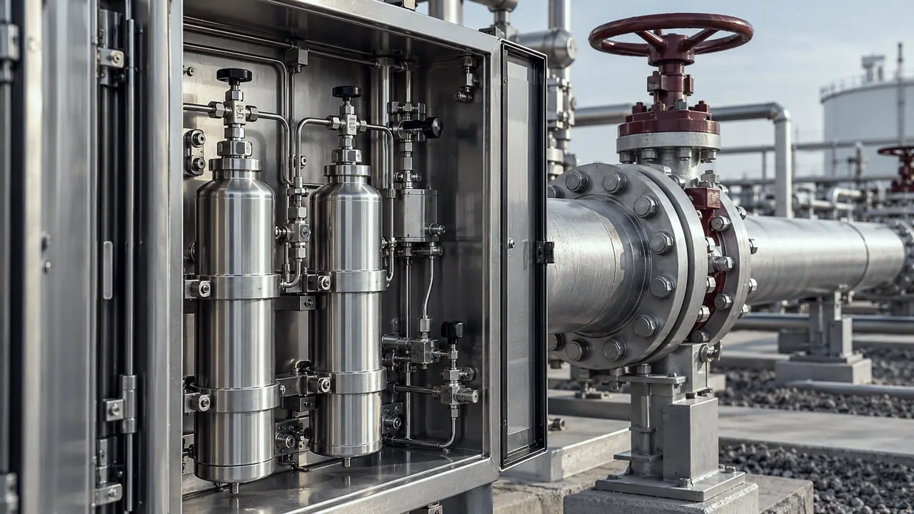 Stainless sampling cylinders in a cabinet beside a transfer pipeline