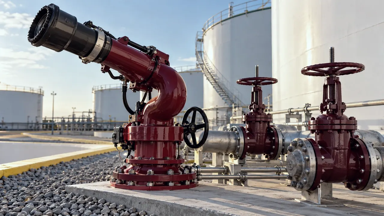 A firewater monitor and isolation valves in front of storage tanks