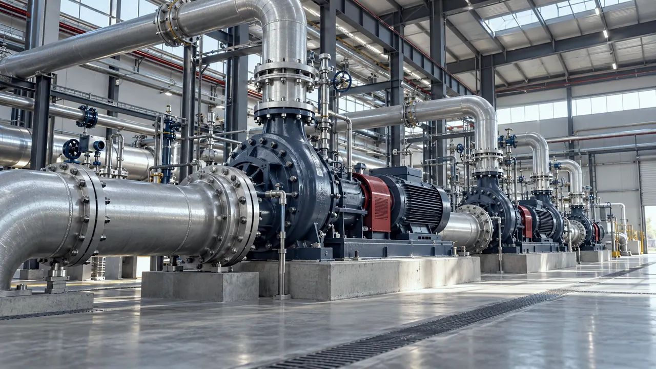 Pipeline pumps in a bright industrial hall